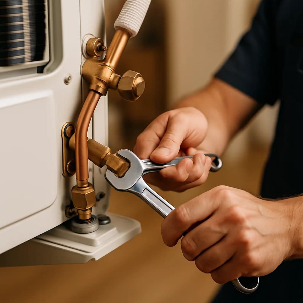 Mani di tecnico specializzato durante intervento su impianto climatizzazione e riscaldamento
