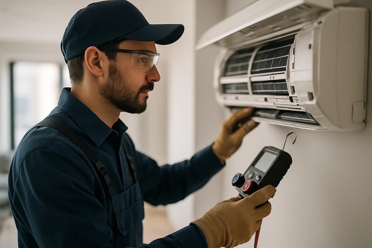Tecnico qualificato ripara condizionatore con strumenti diagnostici professionali