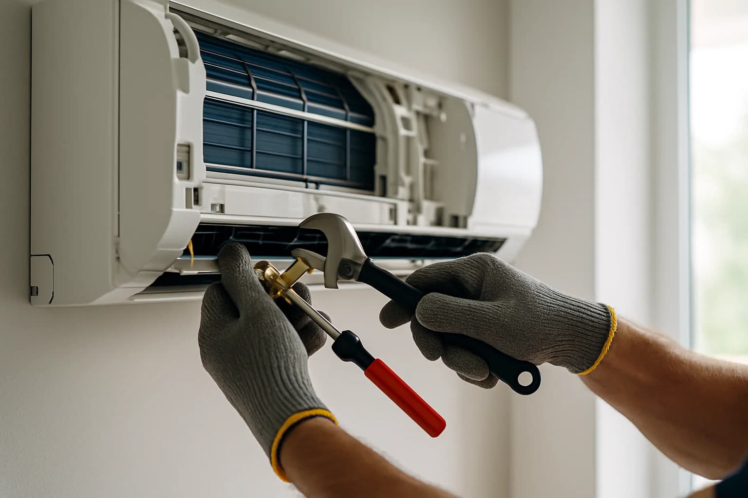 Tecnico specializzato ripara unità condizionatore con attrezzi professionali