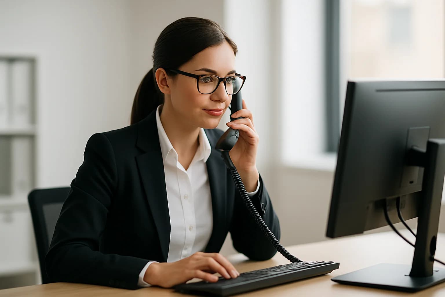 Segretaria in ufficio risponde al telefono davanti al computer